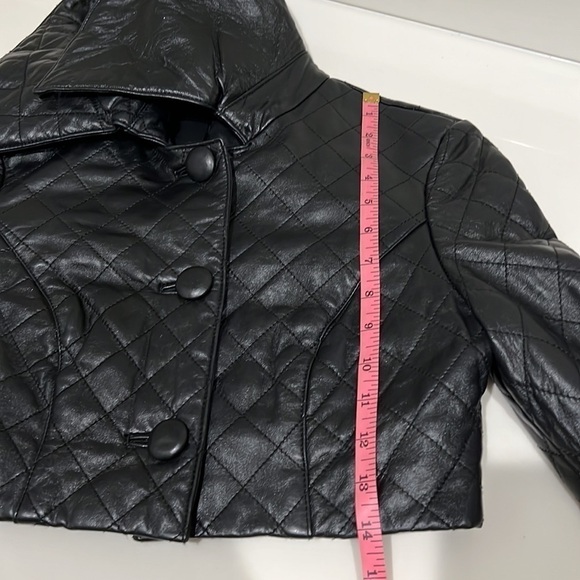 Vintage Bebe leather jacket, cropped, diamond quilt, exagerated collar, black,XS - Picture 9 of 12